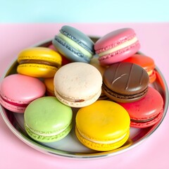  A platter of colorful macarons in various flavors like pistachio, raspberry, lemon, and chocolate, set against a pastel background