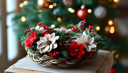 Festive handmade wreath adorned with seasonal flowers and natural accents for a cozy holiday atmosphere