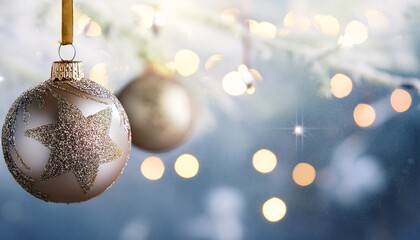 Merry Christmas concept, bauble and decorations hanging with blurred bokeh winter snow