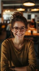 Portrait of a smiling journalist in a newsroom, dedicated to uncovering stories and sharing information with integrity and empathy.
