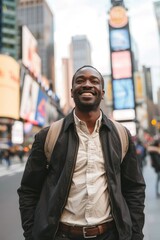 Fototapeta premium Portrait of a smiling entrepreneur in a bustling city, driven by ambition and determination to succeed.