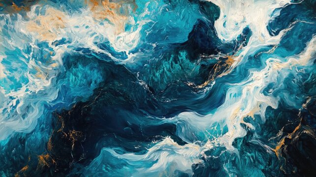 Abstract aerial view of a glacial river portrayed in oil painting showcasing the unique patterns and colors of the flowing water