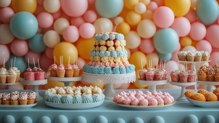 Birthday party table setup with snacks, cakes, and a vibrant balloon backdrop