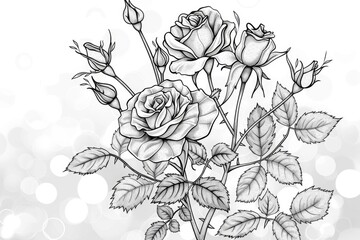 Coloring book illustration of a rose bush with floral elements and soft bokeh backdrop
