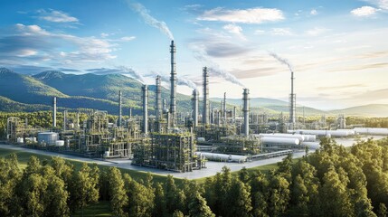 Fototapeta premium Petrochemical facility with industrial equipment amidst a landscape setting
