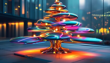 A surreal fusion of nature and technology the innovative design of a luminescent tree sculpture in a modern urban landscape reflecting creativity and the future of artistry