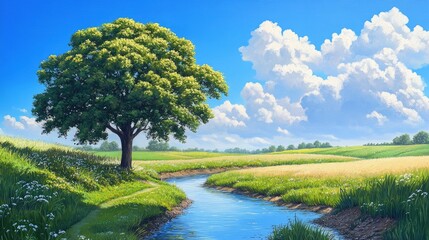 Fototapeta premium Oil painting of a tree beside a ditch nestled between two lush meadows in summer with a clear blue sky and bright sunshine