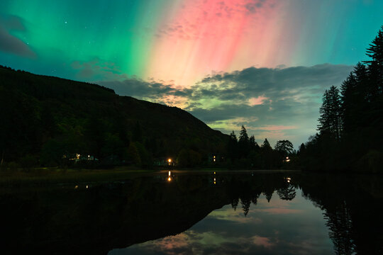 Green and Orange Aurora Above Loch Ard