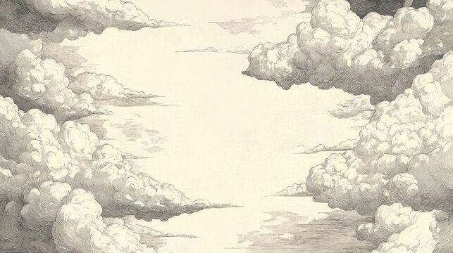 Charming hand drawn dashed clouds in the sky A linear backdrop featuring pen and ink illustrations resembling renaissance etchings showcasing line art with light and shadow details