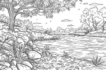 Coloring book illustration of a serene scene by the river in autumn