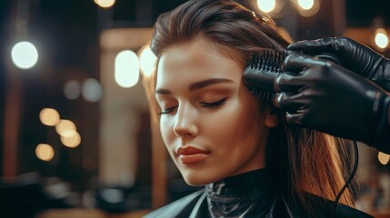 Fototapeta premium Close-up beauty salon: Hair stylist hands working with a blow dryer, crafting the perfect hairstyle in a salon setting, emphasizing professional care