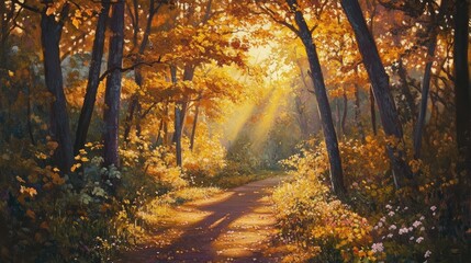 Obraz premium Oil painting depicting a captivating dance of colors and shadows where nature reveals a stunning masterpiece illuminated by the warm glow of sunrise showcasing intricate details