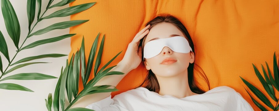 A restful self-care routine where a woman uses an eye mask to block out light and fully relax.
