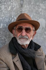 Elderly Man in Stylish Attire with Hat and Scarf Against Textured Wall Background in Urban Setting