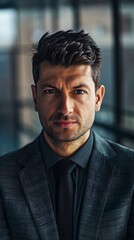 Obraz premium A businessman making direct eye contact with the camera, projecting confidence and reliability.