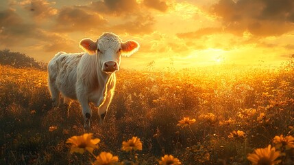 Cow in a Vibrant Field During Warm Light