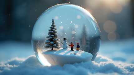 Fototapeta premium A glass marble containing a small winter scene with a tiny snowman, snow-covered trees, and miniature decorations.