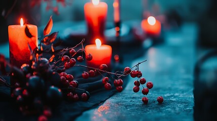 A spooky but elegant Halloween tablescape with orange and black decorations, eerie lighting, and gourmet dishes.
