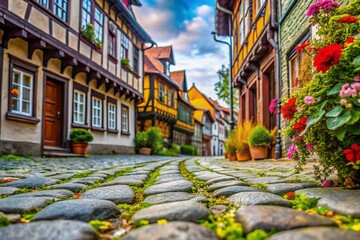 Obraz premium Macro lens reveals Wernigerode's cobblestone alleyway, hidden beauty in miniature.