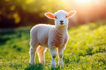 Naklejka premium Cute lamb standing on a vibrant green meadow in the warm afternoon light