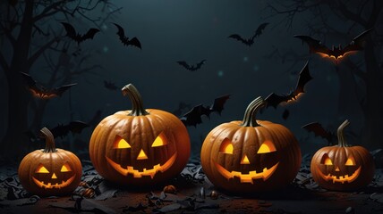 Four glowing jack-o'-lanterns with carved faces, surrounded by flying bats and a dark, spooky forest backdrop.