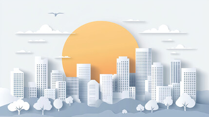 Fototapeta premium A big papercut illustration of a city with high-rise towers, small houses, and parks, in shades of white and gray, with a sunset background. --chaos