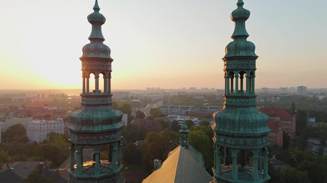 Aerial view of historic tourist center of Poznan and spires of St. Francis church on an early summer morning, Poland