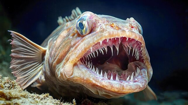 Close-up of a fangtooth fish with its mouth open, revealing its sharp teeth.