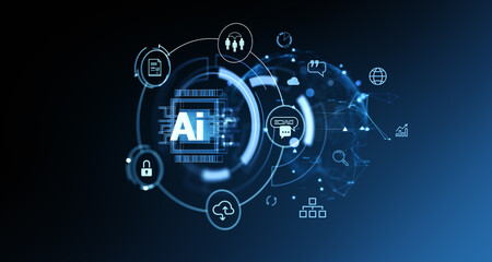 AI hologram and social media icons, global connection and chat bot communication