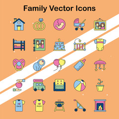 Set of family icons representing various family roles and activities suitable for lifestyle and social themes.