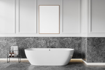 Blank poster mockup above bathtub in modern bathroom interior. 3D Rendering