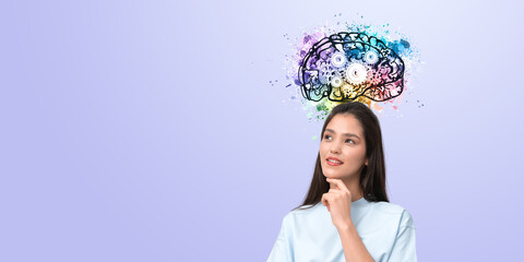 Pensive woman and colorful brain with gears, smart concept. Copy space