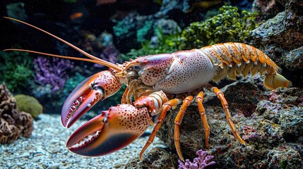 Close-up of a vibrant orange lobster with large claws perched on a rock in an aquarium, surrounded by colorful coral and plants.