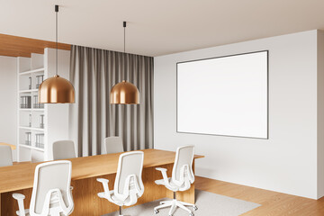 Elegant office room interior with board, shelf and curtain. Mockup frame
