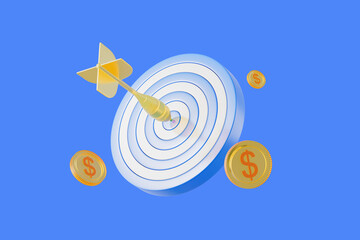 Target with Arrow and Coins on Blue Background. 3D Rendering
