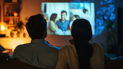 Couple watching a slideshow of memories on their anniversary.