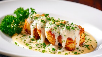 Chicken pieces in breadcrumbs, covered with a creamy sauce of parmesan and garlic, and liberally sprinkled with fresh parsley.