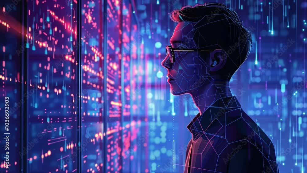 Poster The individual stands against a backdrop of glowing data visualizations, surrounded by streams of colorful light reflecting a high-tech atmosphere in the evening.