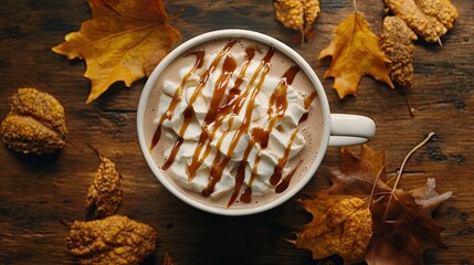 Creamy Hot Beverage with Caramel and Autumn Leaves