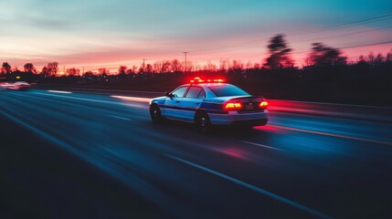 Naklejka premium A police car with flashing lights speeds along a road during a vibrant sunset.