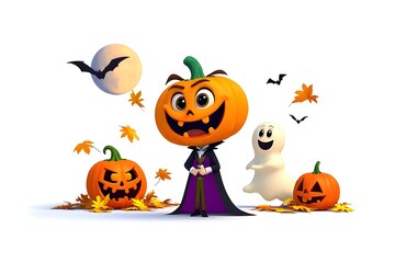 Jack-o'-Lantern Cartoon Character: "Create a retro-style Halloween cartoon of a Jack-o'-Lantern character with exaggerated facial expressions. The background should be white with space in the center, 