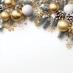 Merry Christmas and Happy New Year Holiday white banner illustration. Xmas design with realistic 3d objects, christmas tree, golden christmass ball, snowflake, glitter gold