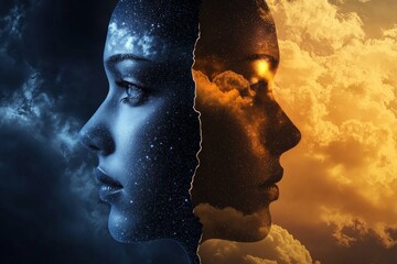 Face split into day and night, showing contrasting identities.