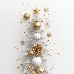 Merry Christmas and Happy New Year Holiday white banner illustration. Xmas design with realistic 3d objects, christmas tree, golden christmass ball, snowflake, glitter gold