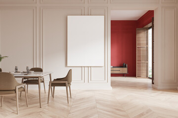 Blank poster mockup in a stylish dining area with modern furniture and elegant wall design. 3D Rendering
