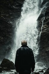 Obraz premium Man Standing in Front of Majestic Waterfall in Lush Forest