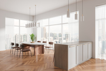 Cozy home living room interior with eating table and island, panoramic window