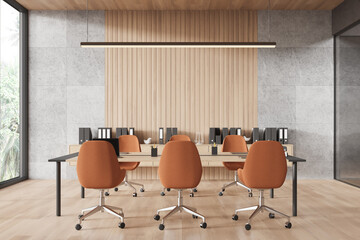 Modern office interior with orange chairs and wooden accents. 3D Rendering