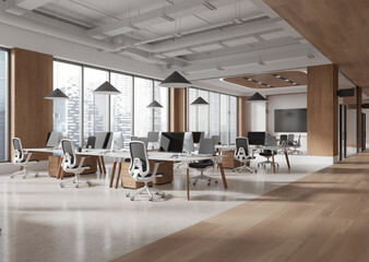 Stylish office interior with coworking zone and glass meeting room, window