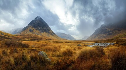 Dramatic mountain landscape with a river flowing through a field of autumnal grasses, under a stormy sky.